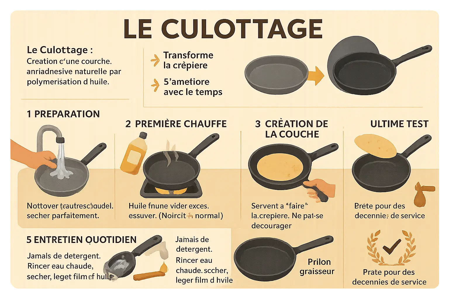 Illustration d'une crêpière en fonte noircie avec un pilon graisseur traditionnel en bois et métal, entourée de crêpes dorées sur un torchon breton