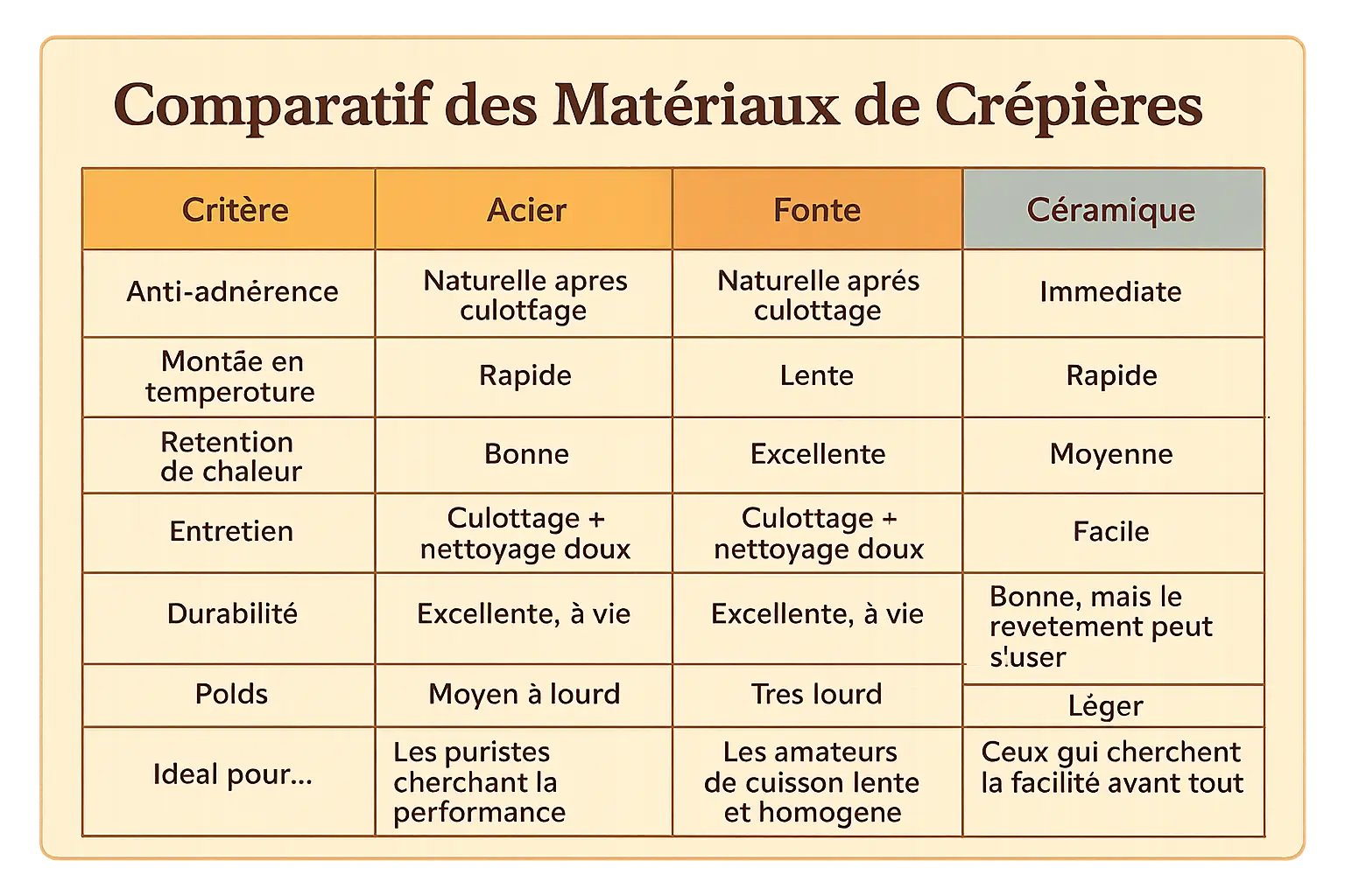 Comparaison des crêpières en acier, fonte et céramique