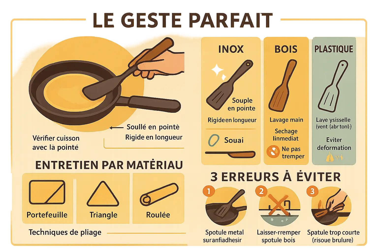 Spatule crêpière en inox en action sur une crêpe dorée