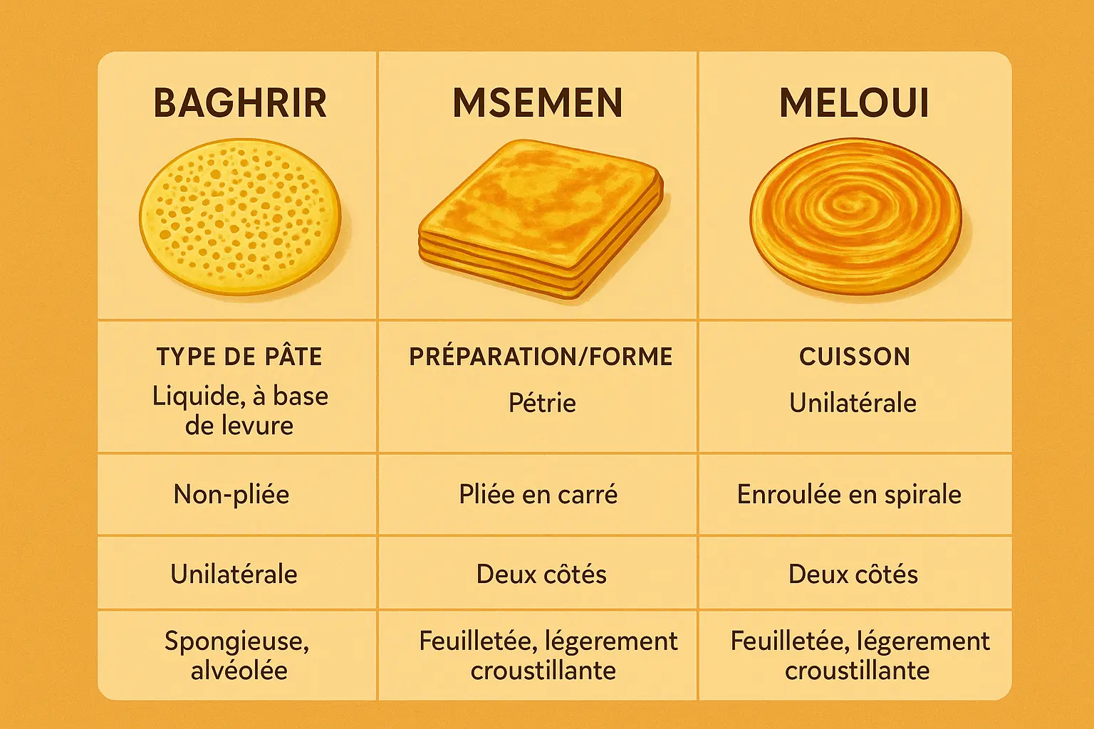 Baghrir, Msemen et Meloui côte à côte sur une assiette
