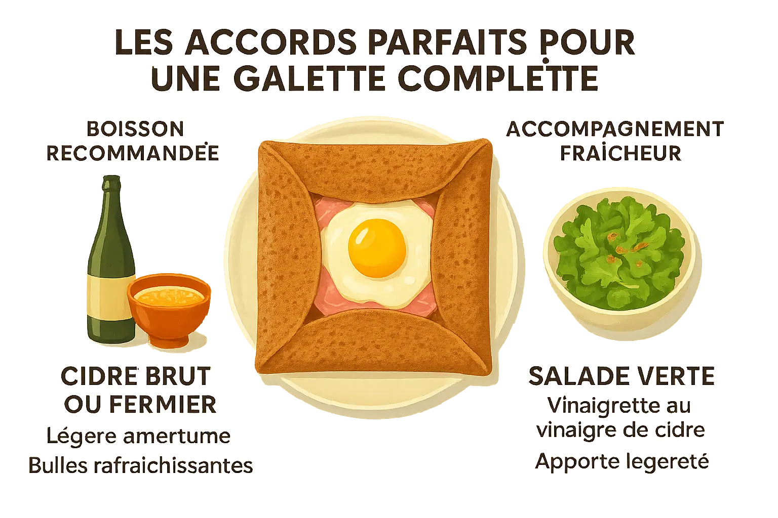 Crêpe complète accompagnée d'une bolée de cidre et d'une salade verte