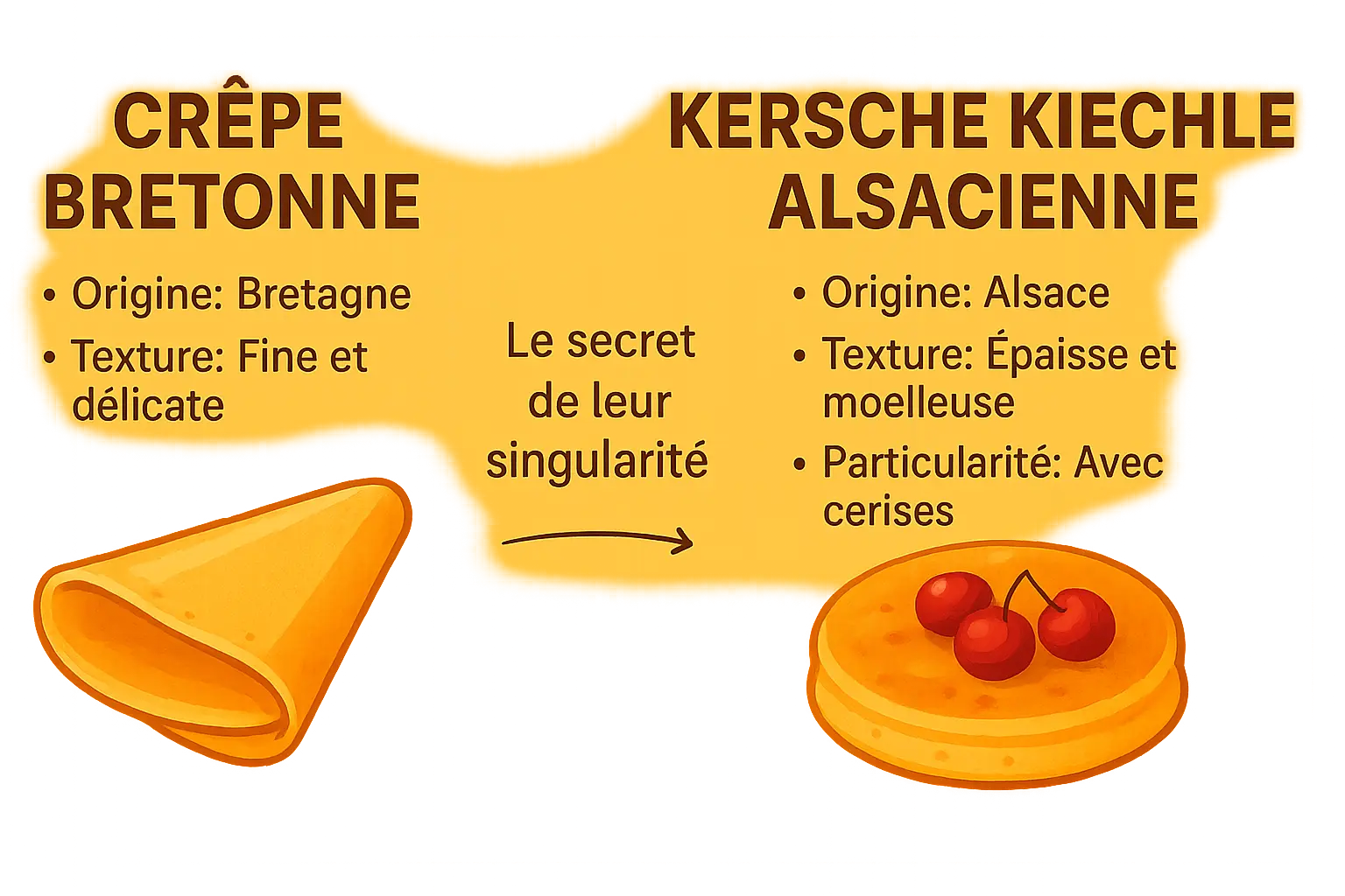 Crêpe aux cerises dorée à la poêle, saupoudrée de sucre glace et accompagnée d'une boule de glace vanille