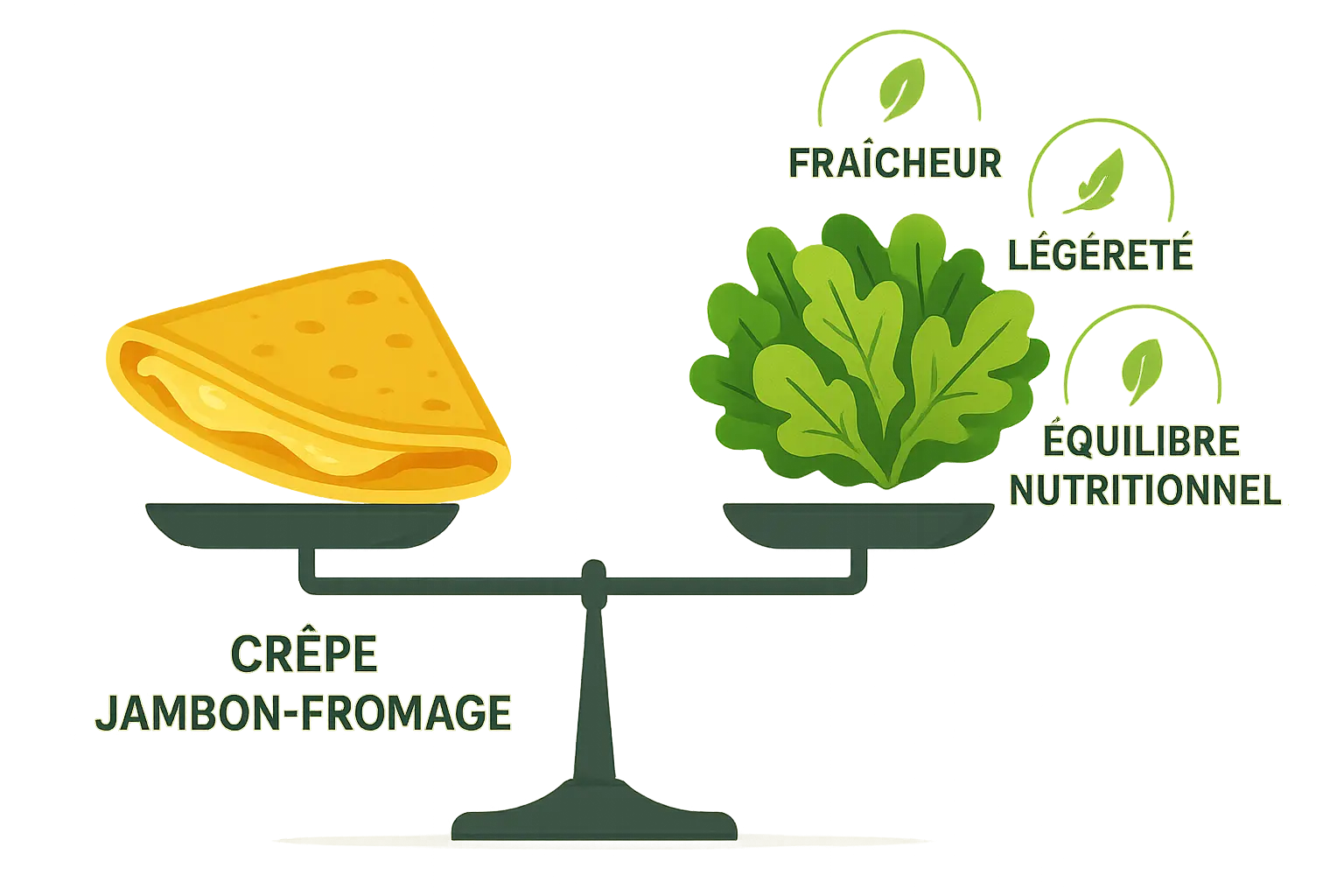 Salade verte accompagnant des crêpes jambon-fromage