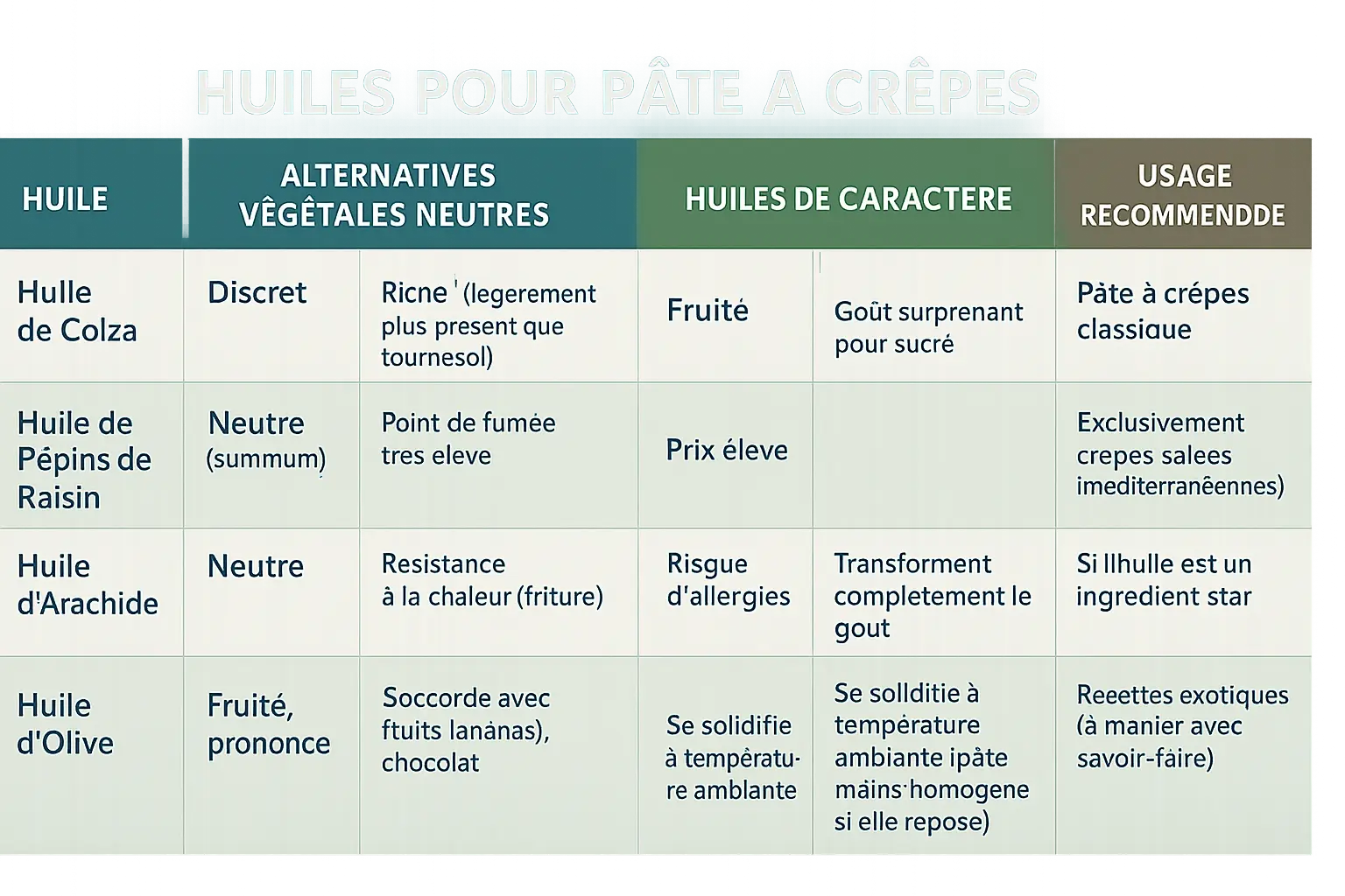 Illustration des différentes huiles pour pâte à crêpes