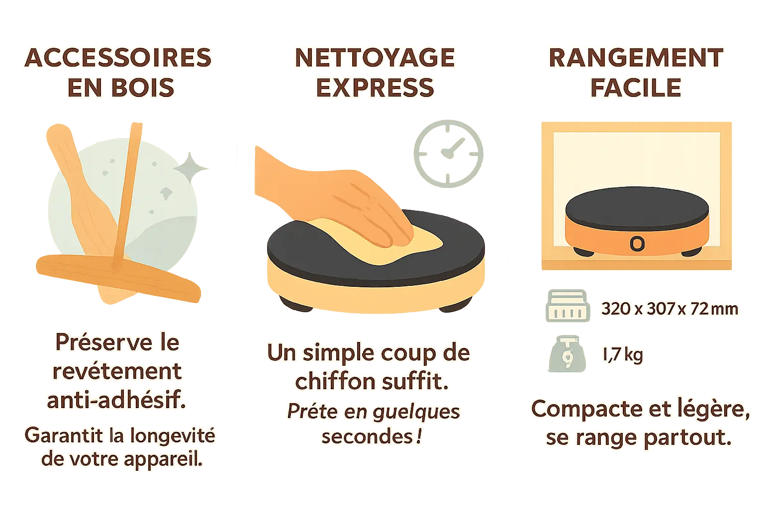 Maxi crêpière en inox avec accessoires en bois sur une table de cuisine