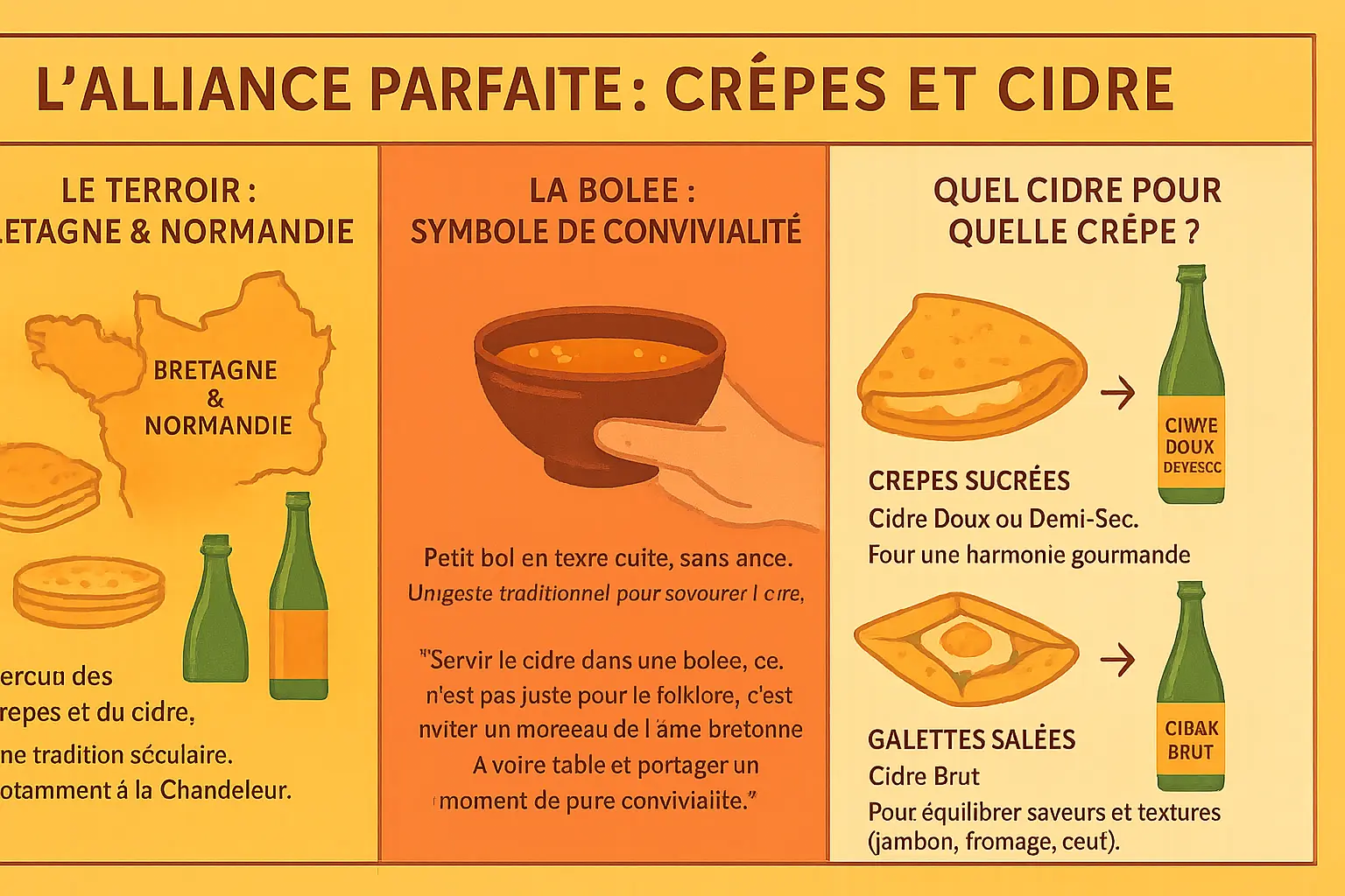 Crêpes et bolée de cidre servis sur une table en bois