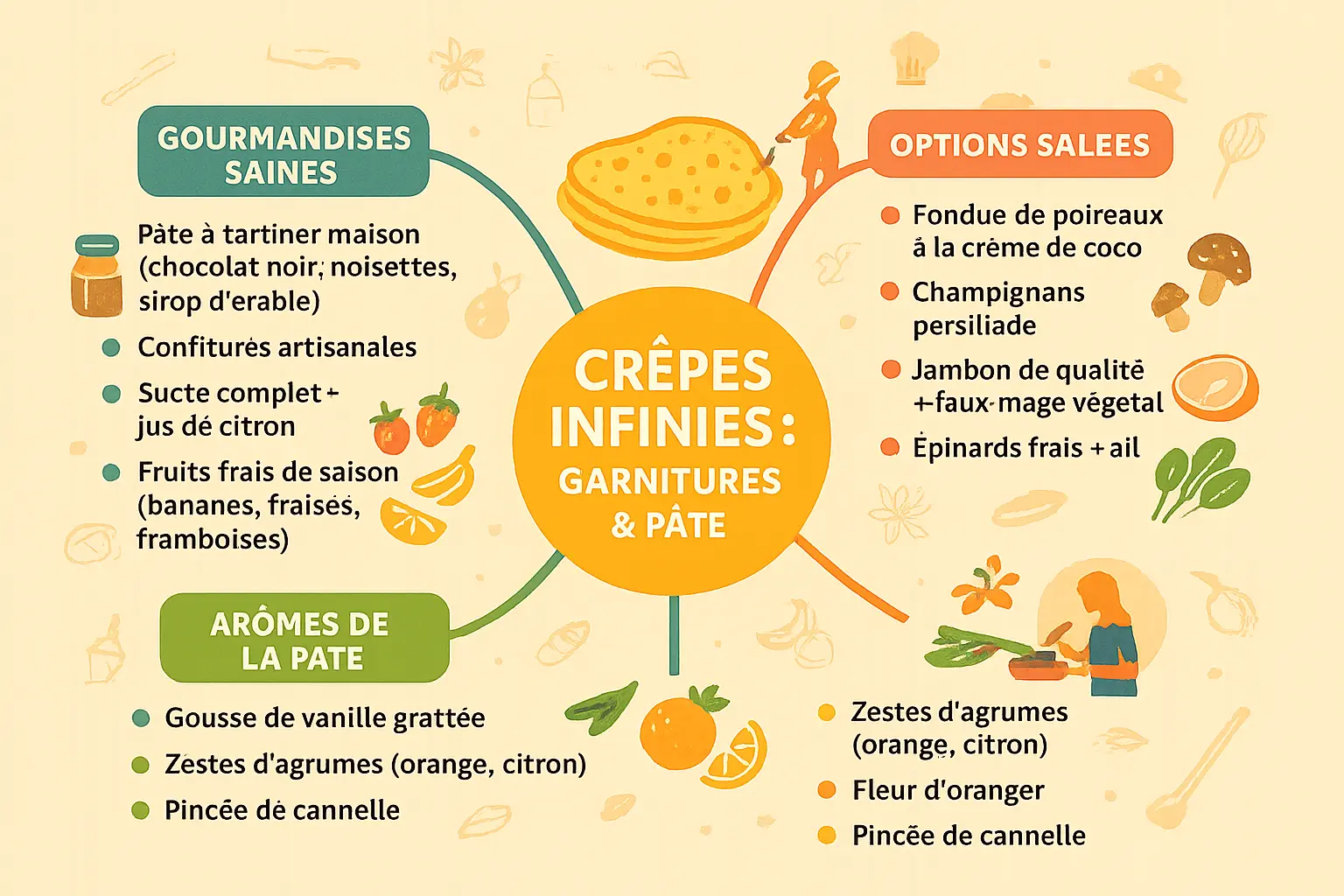 Crêpes sans gluten et sans lactose garnies de fruits frais et d'une pâte à tartiner maison