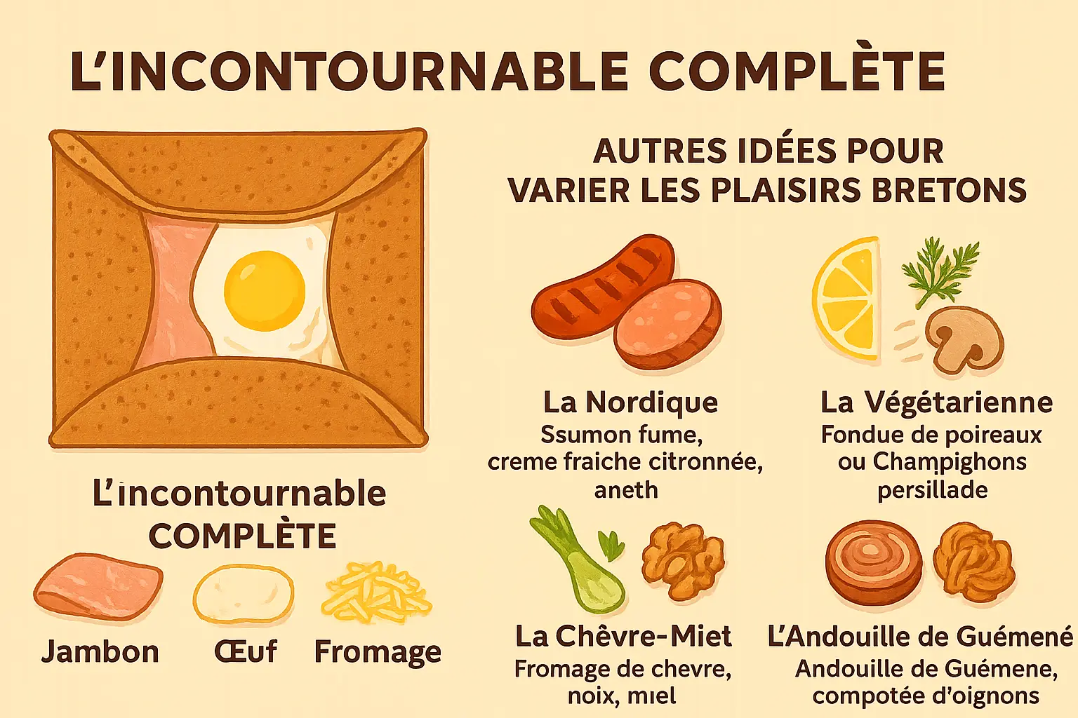 Crêpe complète garnie de jambon, œuf et fromage sur une poêle