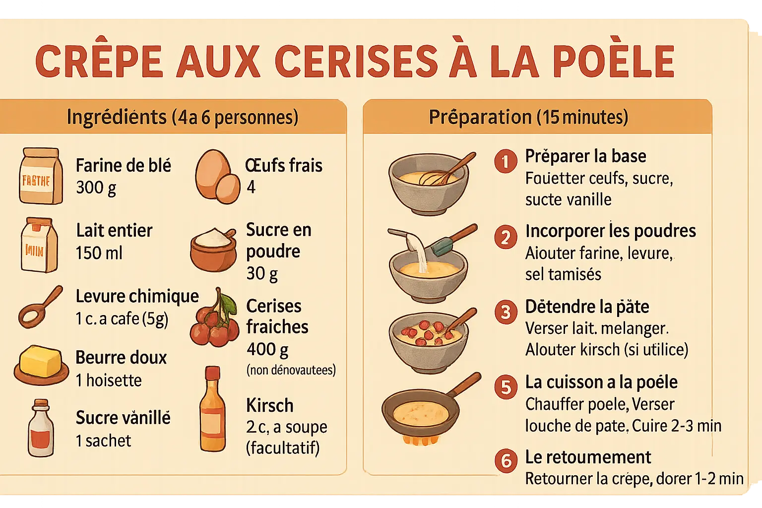 Crêpes aux cerises à la poêle dorées et parfumées