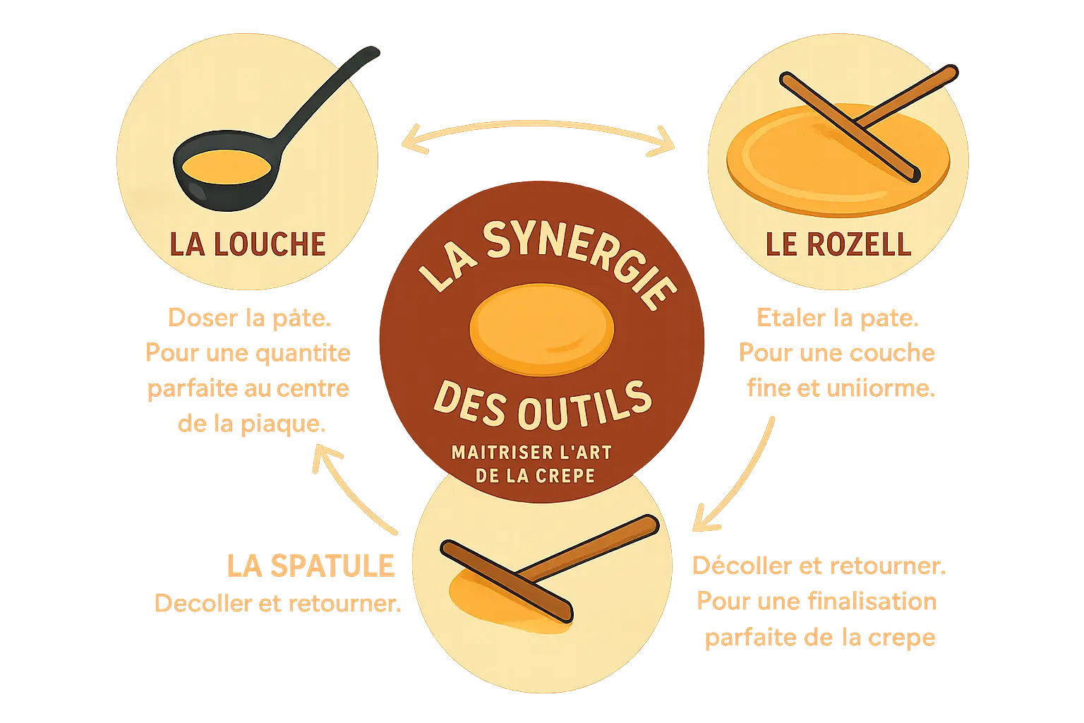 Les trois outils essentiels pour réussir vos crêpes : louche, rozell et spatule