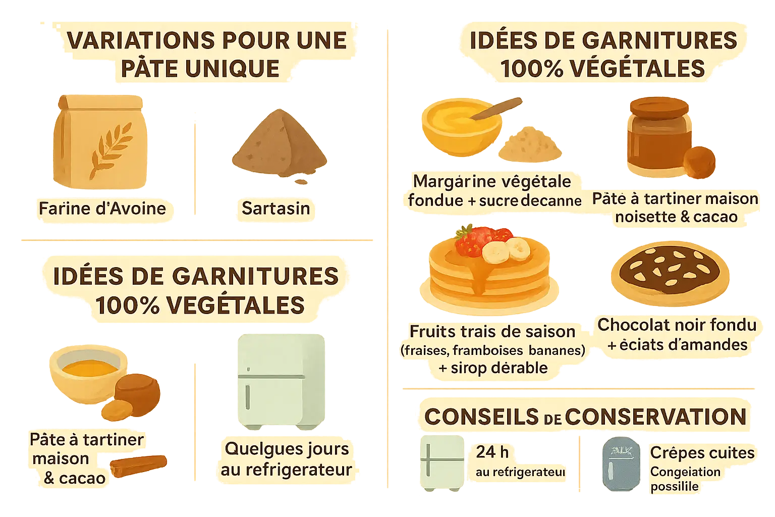 Crêpes véganes au lait d'avoine et garnitures naturelles