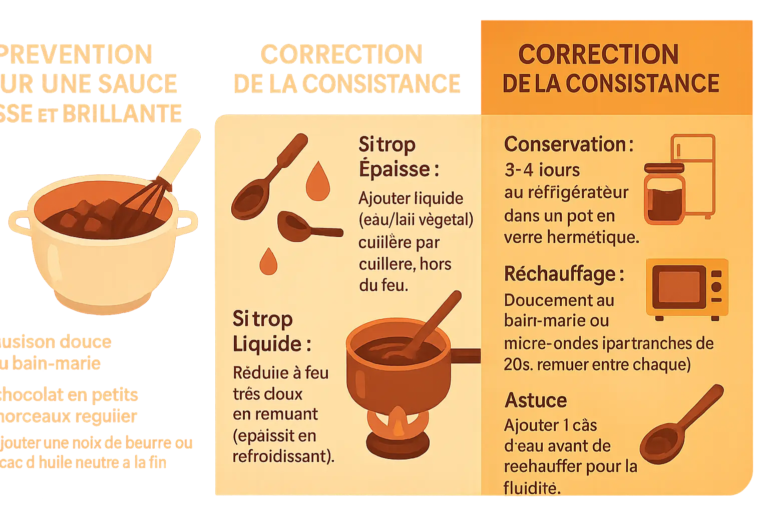 Sauce chocolat lisse et brillante nappant des crêpes dorées