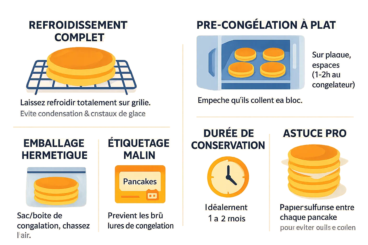 Pancakes empilés avec du papier sulfurisé entre chaque, prêts à être congelés dans un sac hermétique