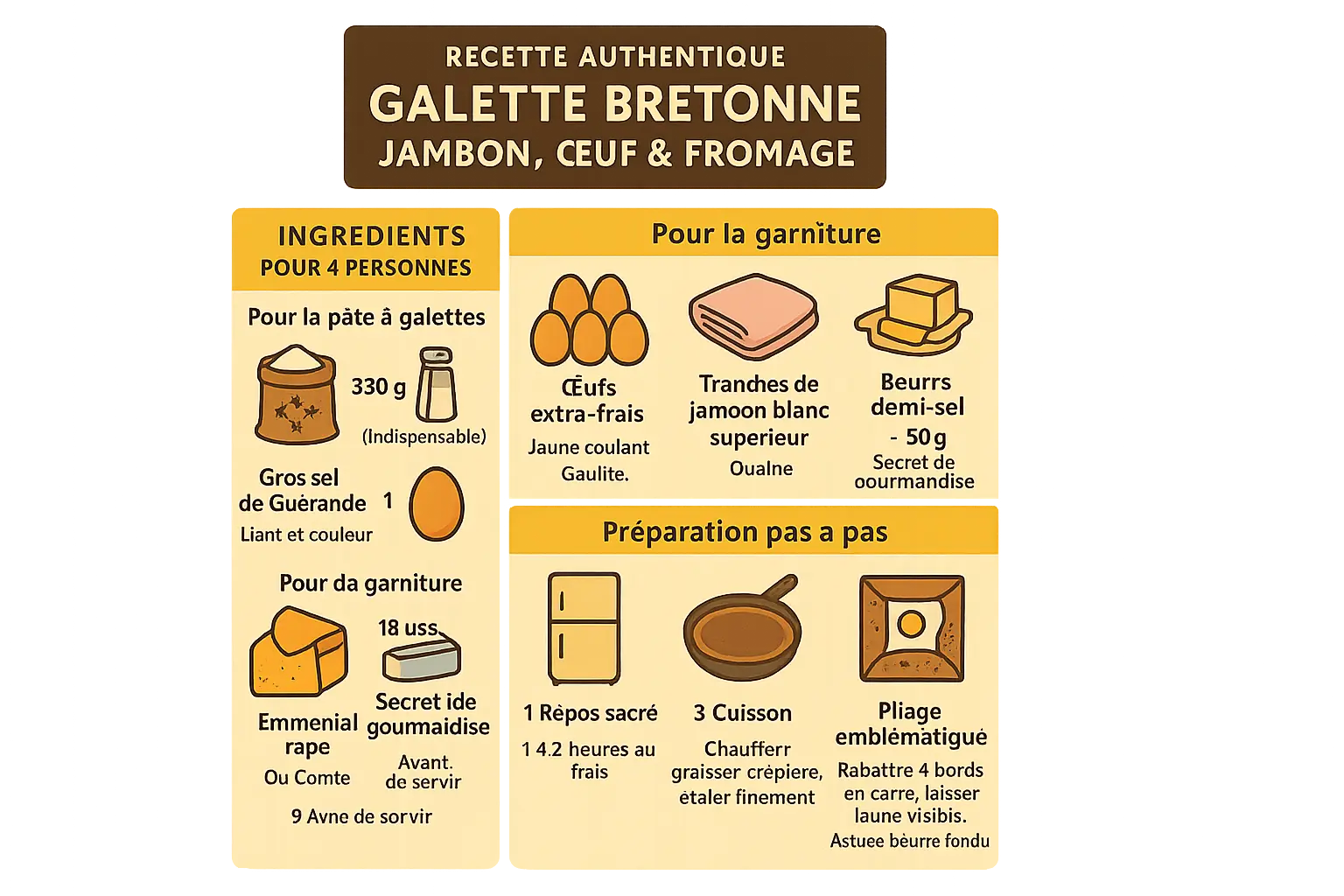Crêpe complète jambon œuf fromage dorée et pliée avec soin