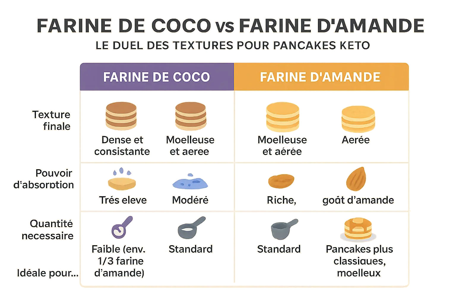 Comparaison visuelle farine de coco et farine d'amande pour pancakes keto