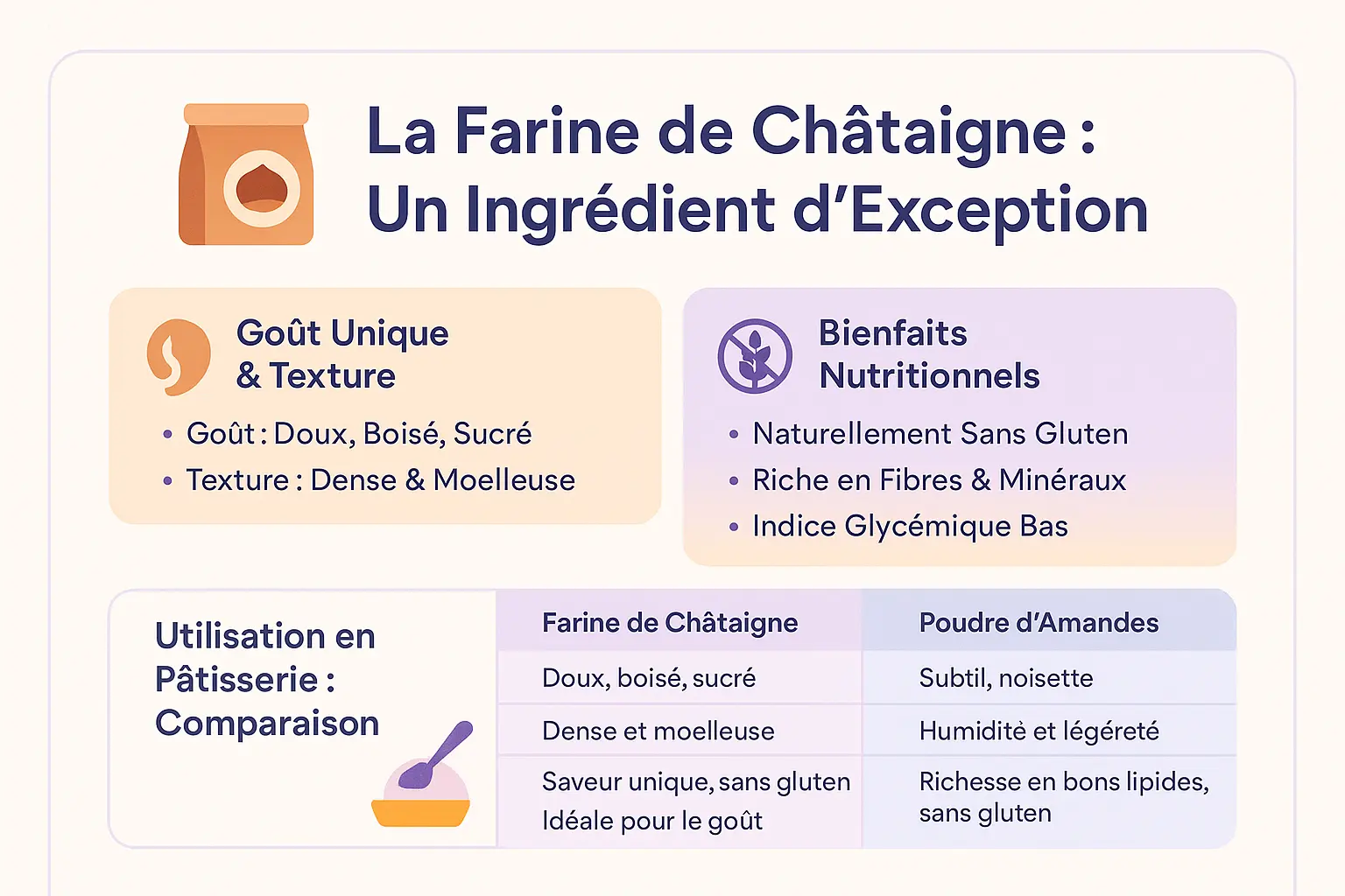 Farine de châtaigne sur un plan de travail rustique avec châtaignes fraîches