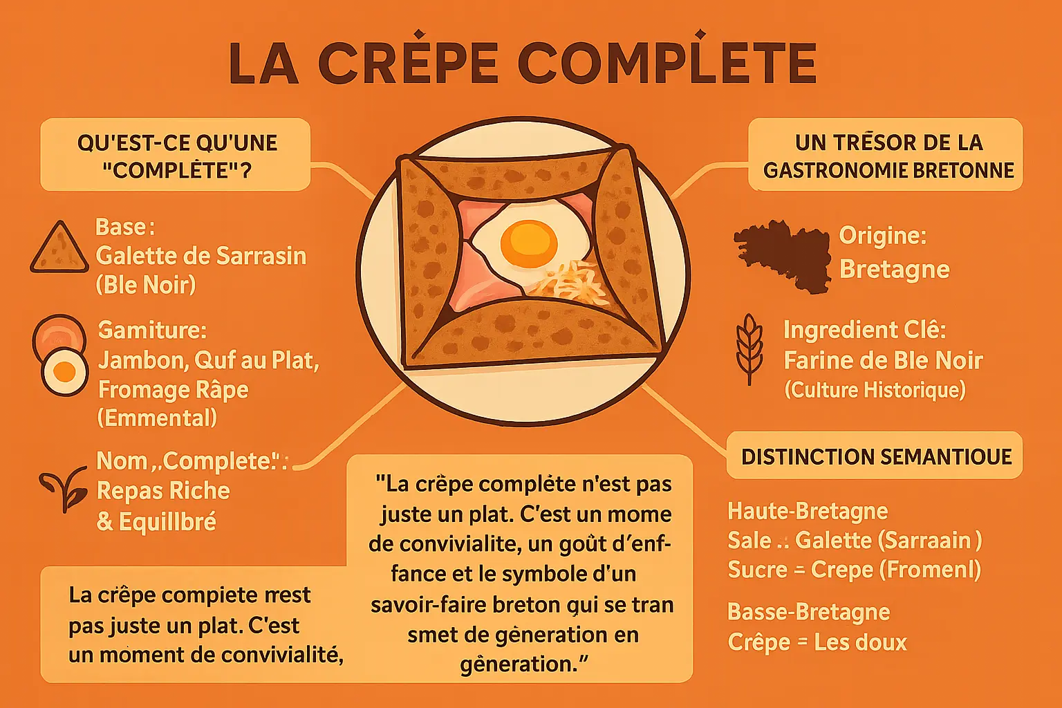 Crêpe complète traditionnelle garnie de jambon, œuf et fromage, dorée à point