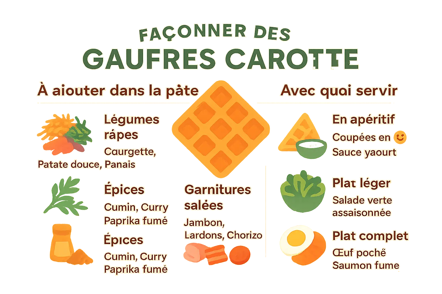 Gaufres aux carottes avec divers accompagnements