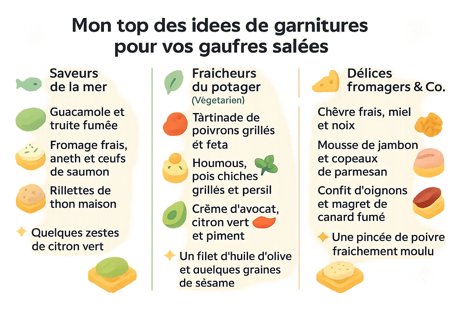 Mini-gaufres salées décorées avec différentes garnitures
