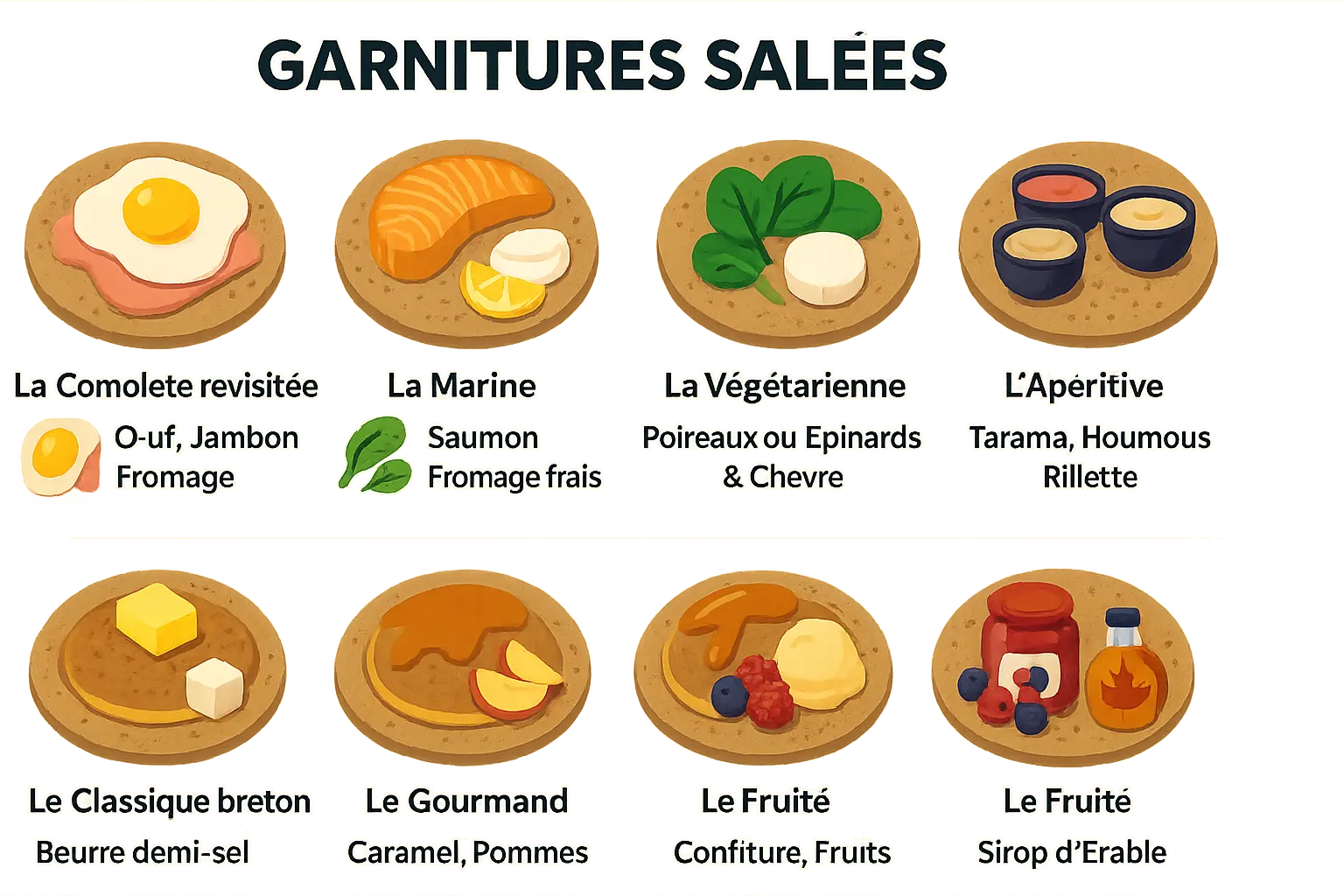 Assiette de pancakes au sarrasin avec différentes garnitures salées et sucrées