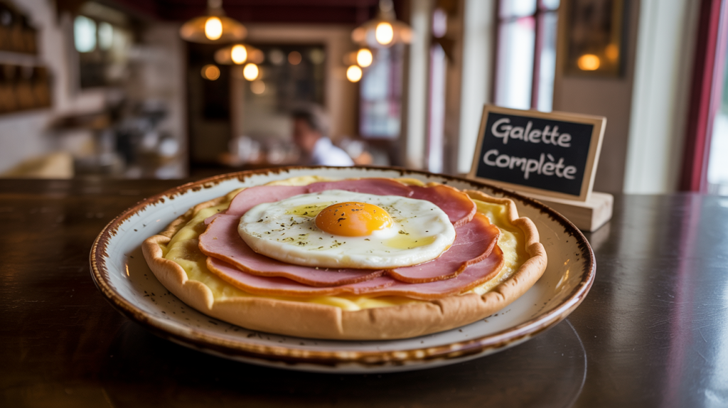 Galette bretonne jambon, œuf et fromage servie dans une crêperie à Quimper.