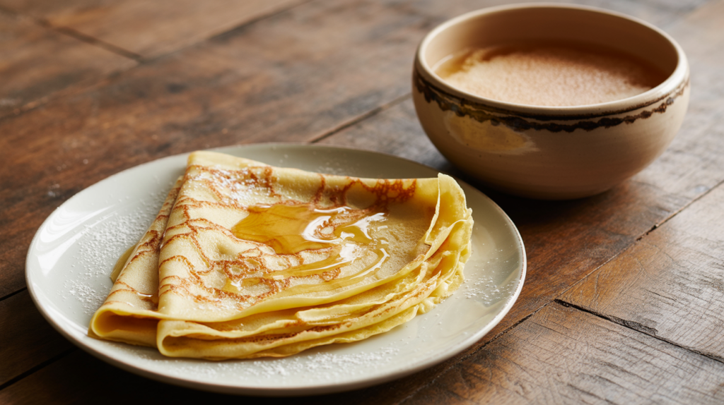 Crêpes sucrées au beurre et sucre avec cidre breton à Quimper.