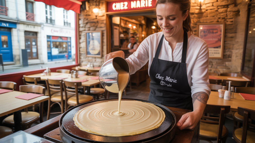 Crêpière en train d’étaler la pâte à crêpe sur un billig traditionnel breton.