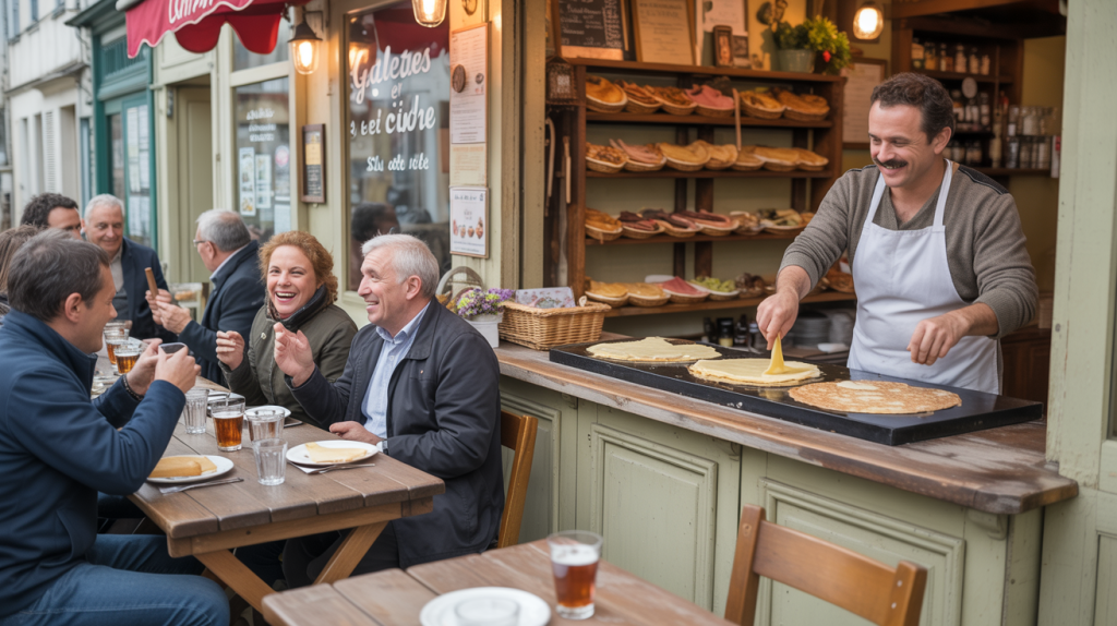 Crêperie à Chauray avec clients dégustant galettes et cidre