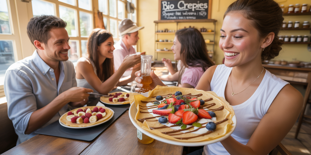 Clients savourant des crêpes bio avec garnitures naturelles
