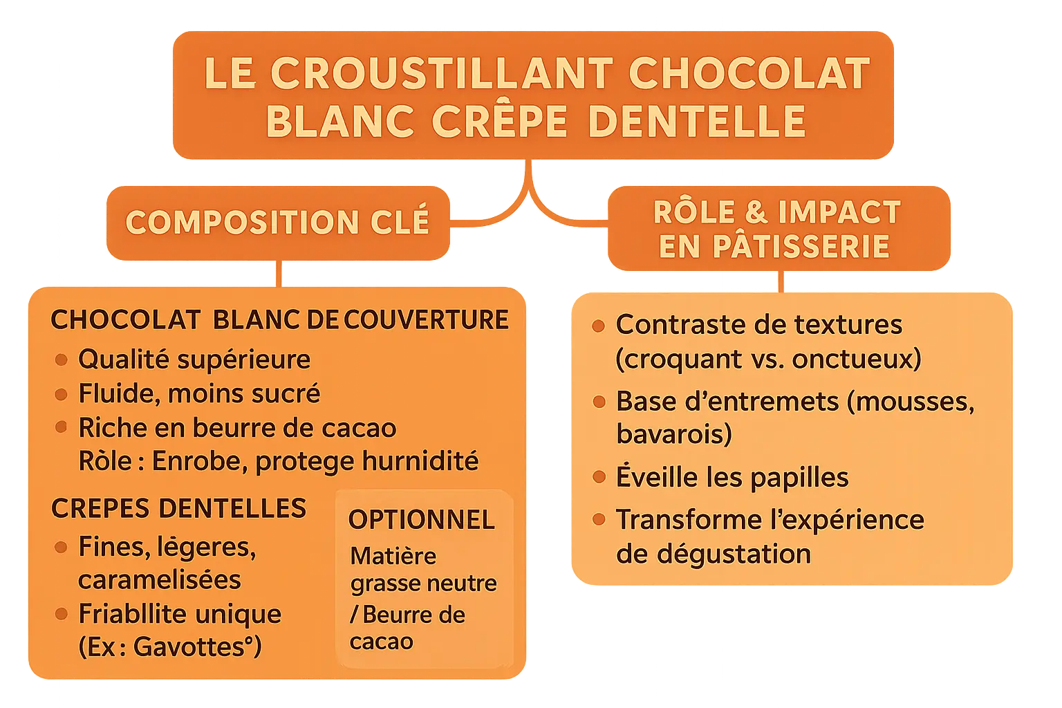 Croustillant chocolat blanc crêpe dentelle en coupe dans un entremets