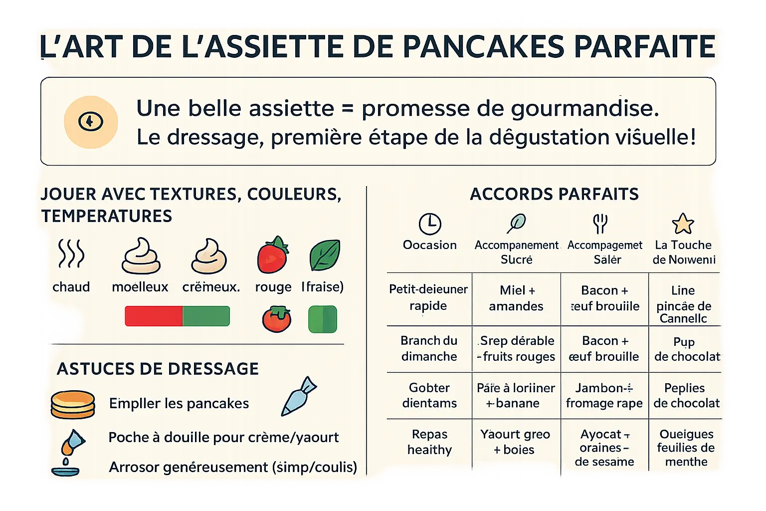 Assiette de pancakes décorés avec des fruits frais et du sirop d'érable