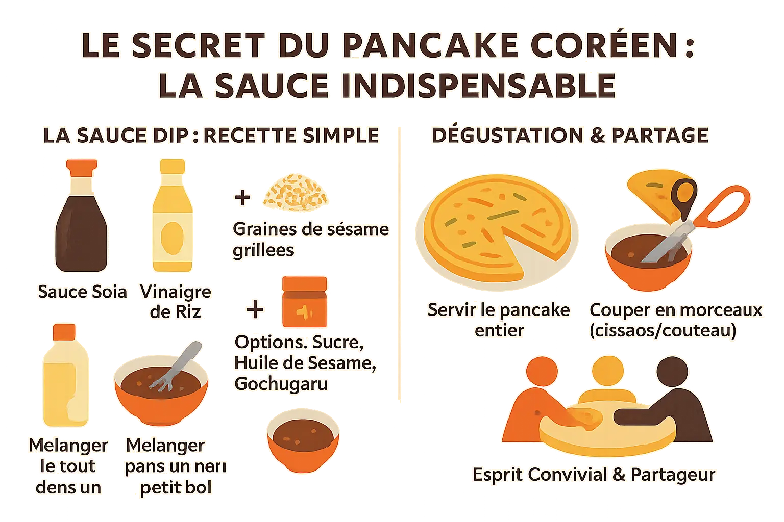 Pancake coréen découpé en parts, accompagné d'une sauce dans un bol