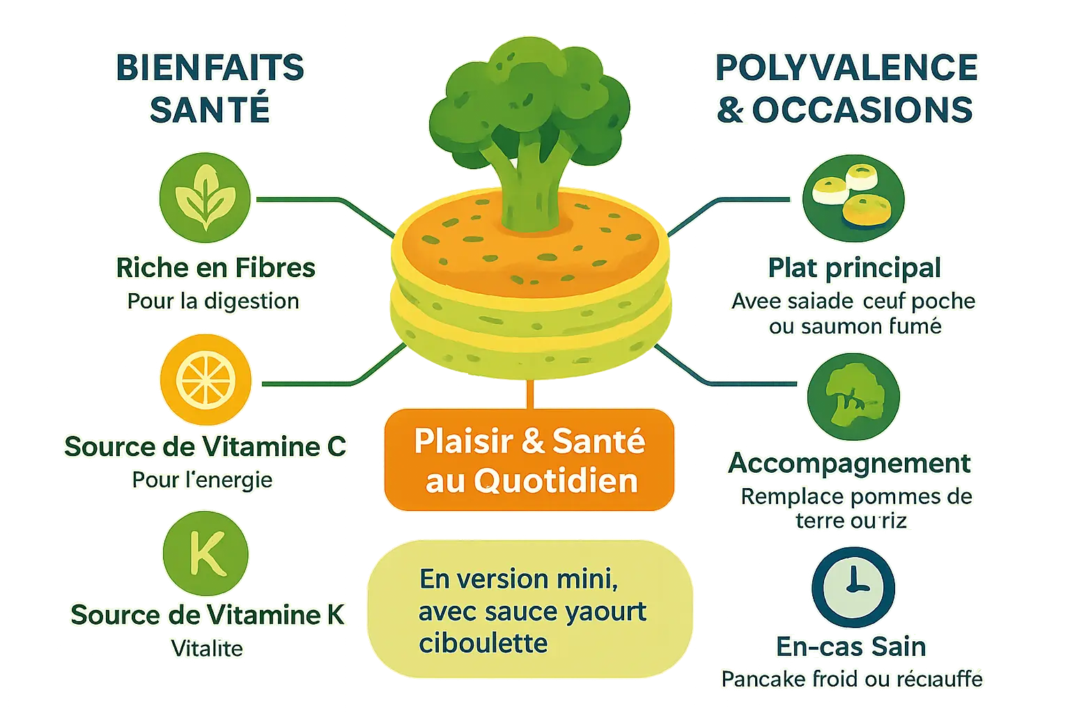 Pancakes au brocoli servis de différentes façons