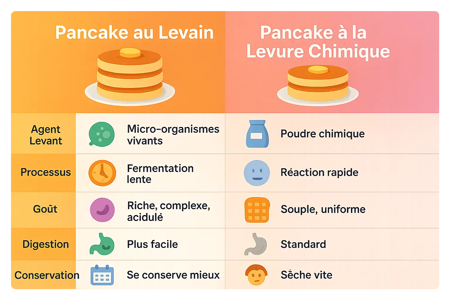 Comparaison visuelle des pancakes au levain et à la levure chimique