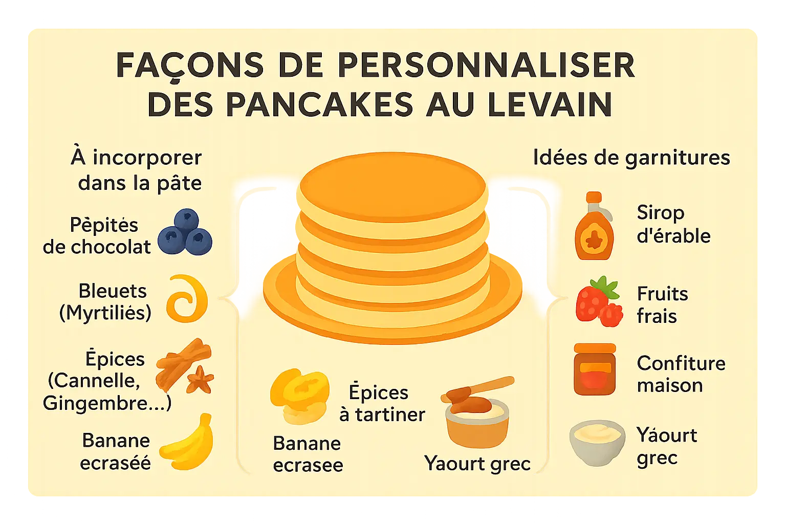 Pancakes au levain décorés avec des fruits et pépites de chocolat