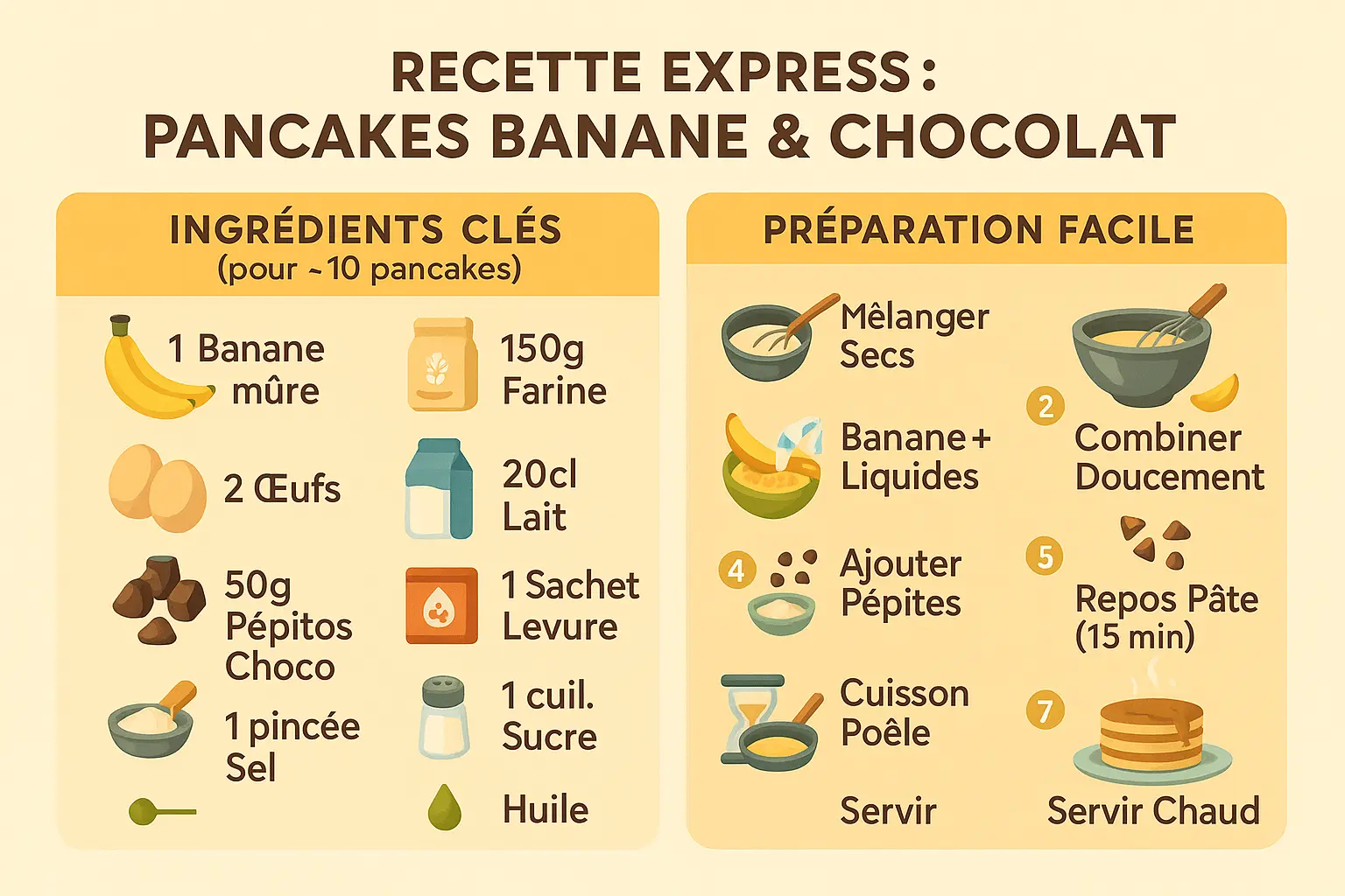 Pancakes banane et chocolat dorés sur une crêpière