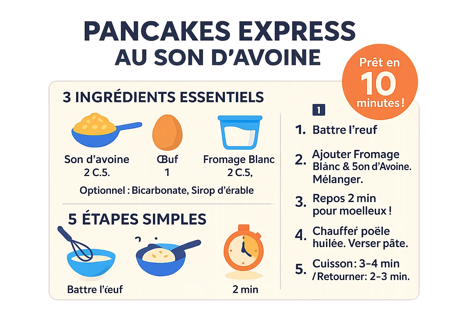 Pancakes moelleux au son d'avoine posés sur une assiette avec des fruits et une cuillère de sirop d'érable