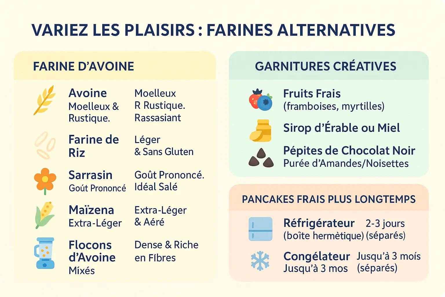 Pancakes avec différentes farines et garnitures colorées