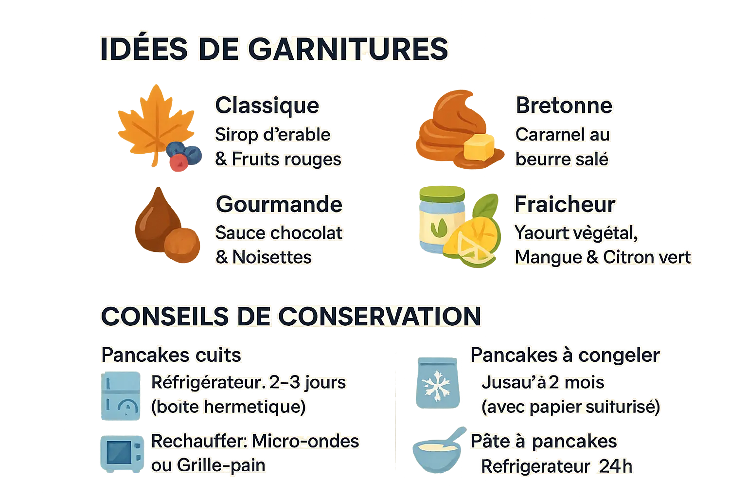 Pancakes empilés avec différentes garnitures et sac de congélation étiqueté