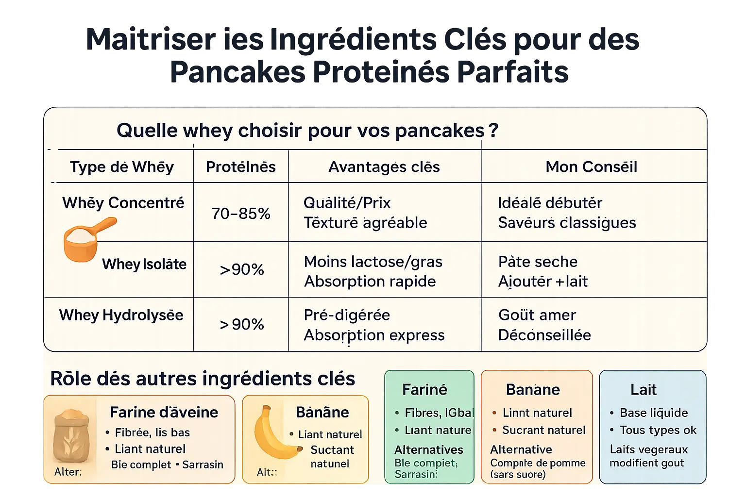 Ingrédients clés pour pancakes protéinés à la whey