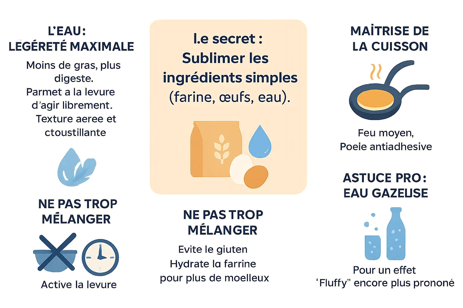 Pancakes moelleux cuits sur une poêle avec eau gazeuse et ingrédients simples