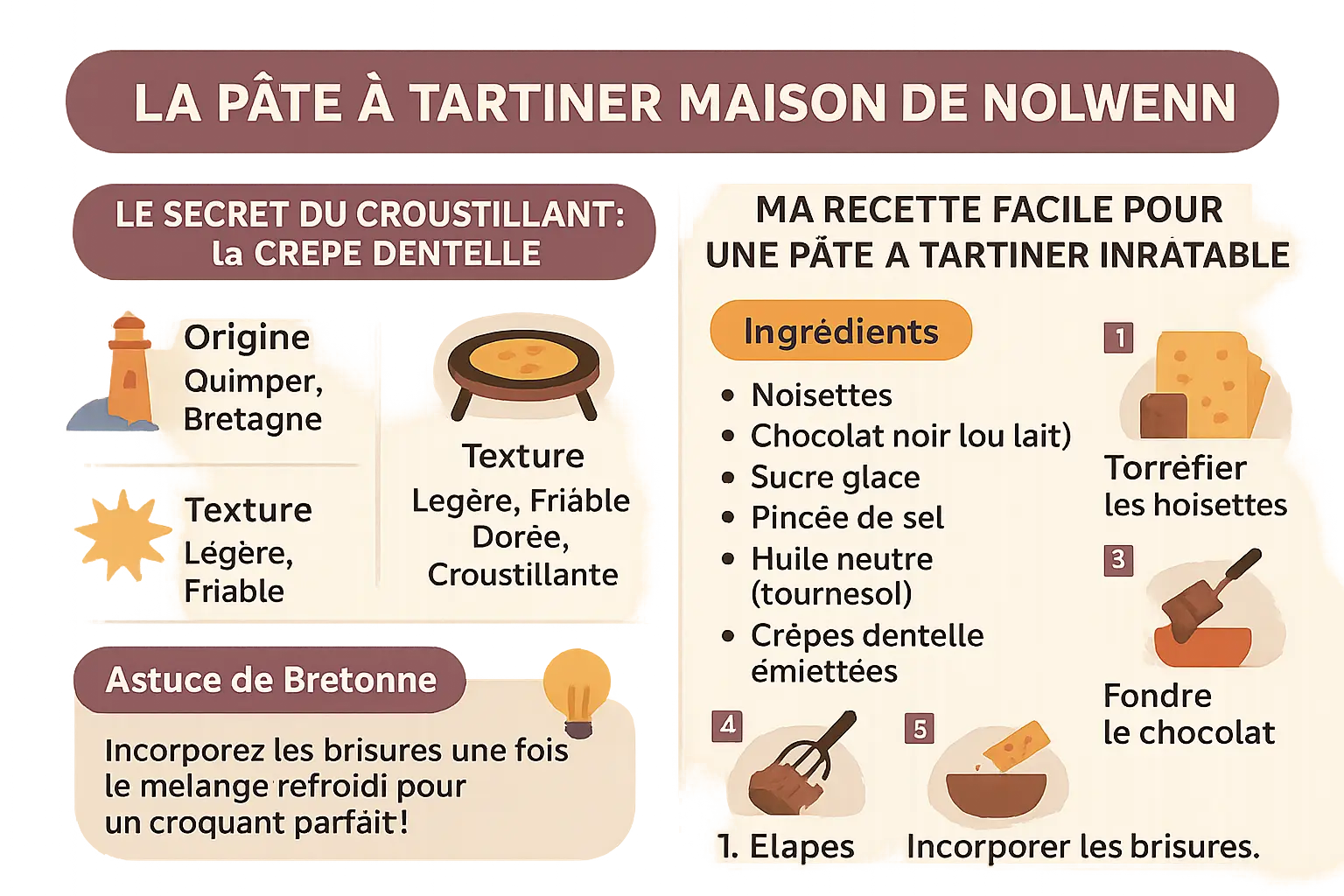Pâte à tartiner maison avec des crêpes dentelle émiettées