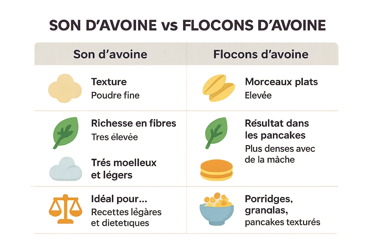 Comparaison visuelle entre le son d'avoine et les flocons d'avoine pour pancakes