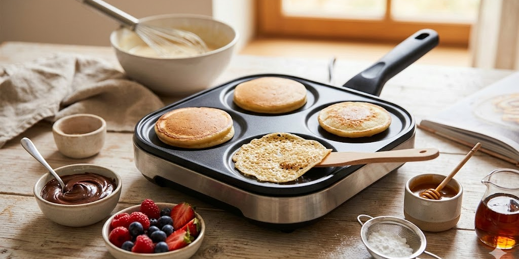 crépière électrique avec pancakes et fruits frais en préparation