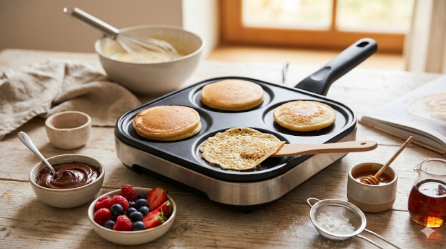 crépière électrique avec pancakes et fruits frais en préparation